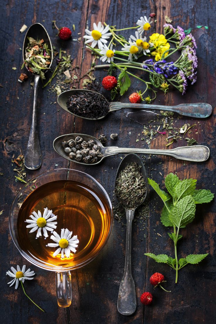 Herbs and tea arranged for a natural aroma ritual